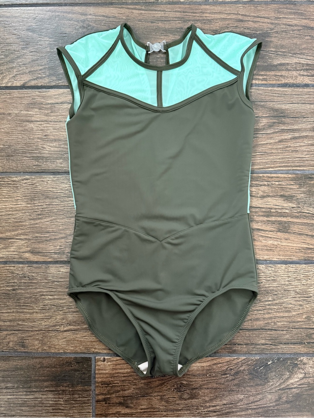 Tiger Friday Olive Green & Mint Mesh Dance Leotard Adult Small Made in USA